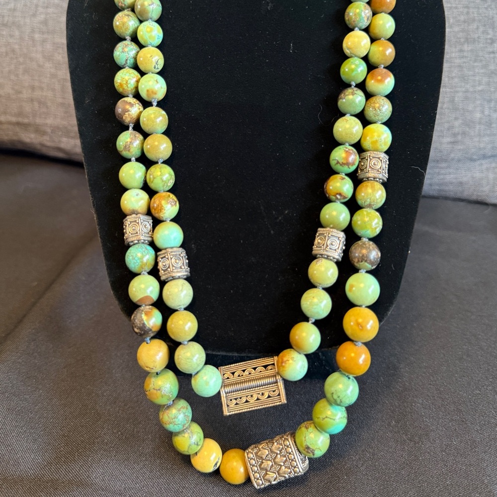 Artisan Green Turquoise & Silver Double Strand Large Graduated Beads Necklace